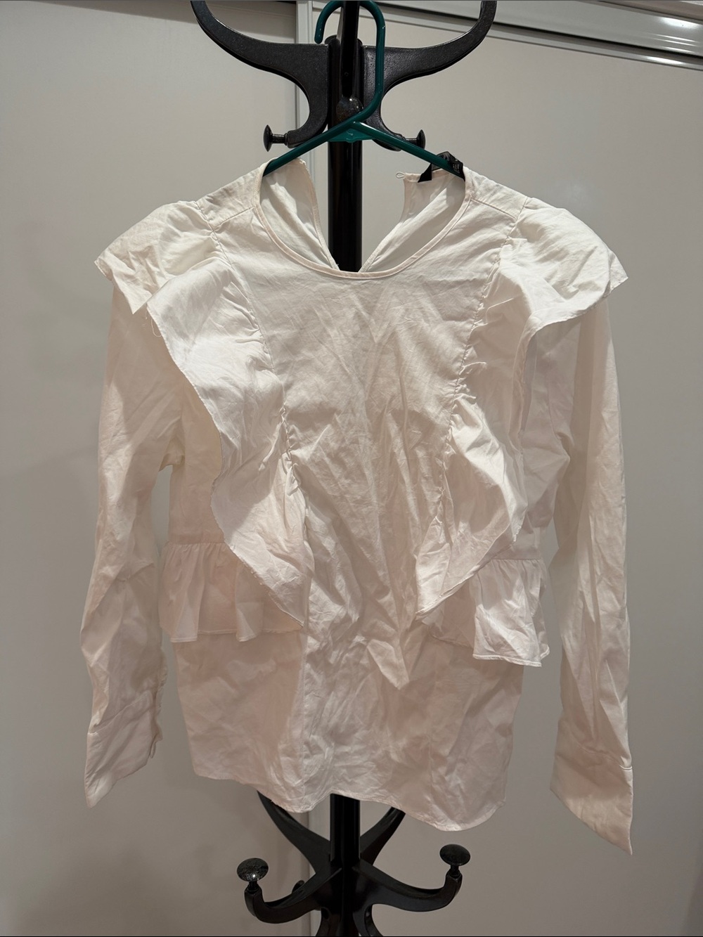 Zara White Ruffle Detail Long-Sleeve Blouse